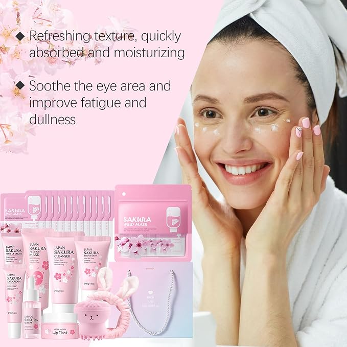 Sakura Skincare Set for Teen Girls 10-12,Skin Care Sets & Kits,33PCS Teenage Girls Gifts,Complete Pamper Face Care Sets for Women,Daily Facial Skincare Routine (One Size, Cherry Blossom-StyleD)