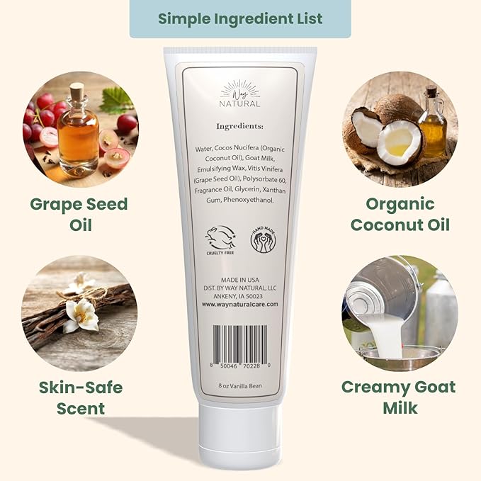 Goat Milk Lotion, Vanilla Bean - Home & Away Set, Natural, Body/Hand - Goat Milk Hand Cream for Women and Men - Dry Skin Relief - Vanilla Lotion - 8oz & 2oz Travel Size Tube