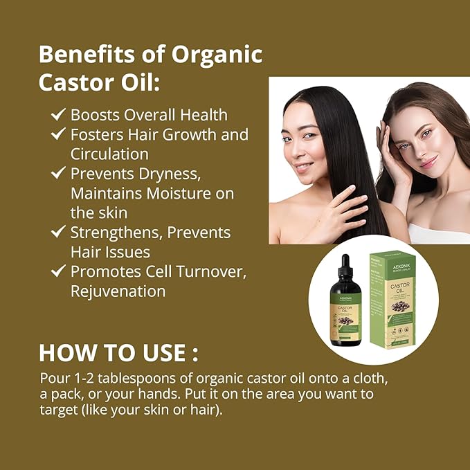 Organic Cold Pressed Castor Oil - Promotes Hair Growth, Scalp Health & Deep Moisturization - Pure & Natural Healing Properties - Versatile Use for Hair, Skin & Eyelash Growth | 4fl oz (120 ml)