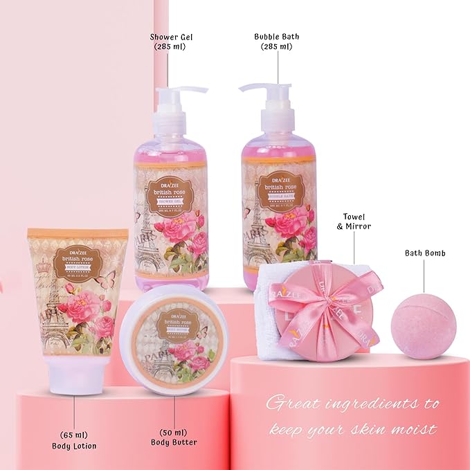 Draizee Mothers Day Gifts for Mom - Spa Gift Baskets for Women - 8 Pcs Luxury Rose Scented Heel Shoe Design Bath and Body Spa Set-Self Care Package for Women, Presents for Mom, Body Care Set for Her