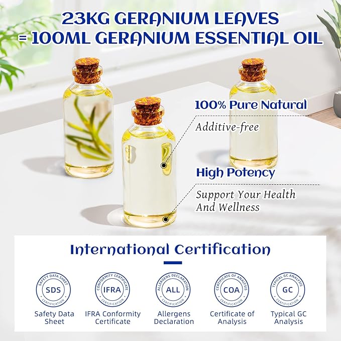 HIQILI 100ML Geranium Essential Oil for Skin, Diffuser & Candle, 100% Pure and Natural - 3.38 Fl Oz