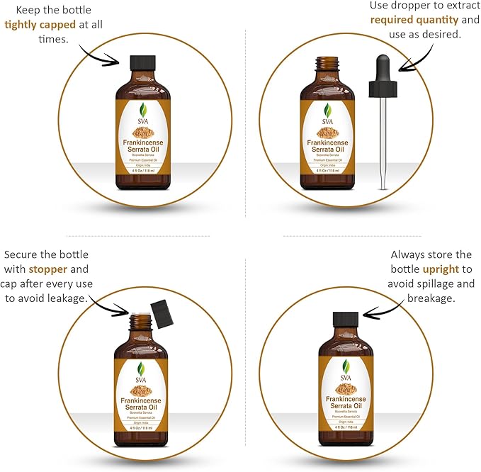 SVA Frankincense Essential Oil – 4 Fl Oz – 100% Natural Boswellia Serrata Oil - for Diffuser, Hair Care, Face, Skin Care, Aromatherapy, Scalp and Body Massage, Soap and Candle Making – with Dropper