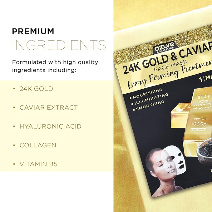 Azure Cosmetics 24K Gold and Caviar Anti Aging Luxury Face Mask - Hydrating & Firming Facial Mask - Helps Reduce Wrinkles & Fine Lines - With Hyaluronic Acid & Collagen - Made in Korea - Pack of 5