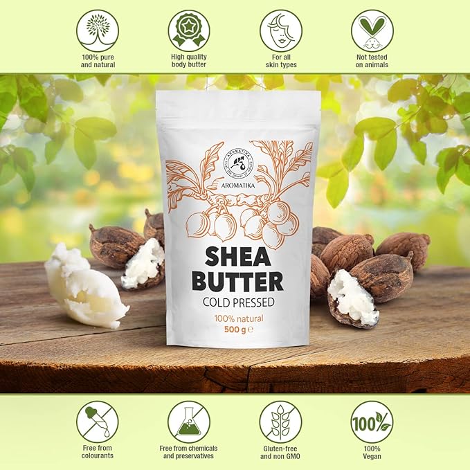 Shea Butter 17.5 Oz (500g) - Unrefined Raw/Pieces - Africa - Ghana - 100% Pure Shea Butter Body Butter - Cosmetic Grade - for Hair Skin Lip Face Feet Body Care - Massage - AROMATIKA
