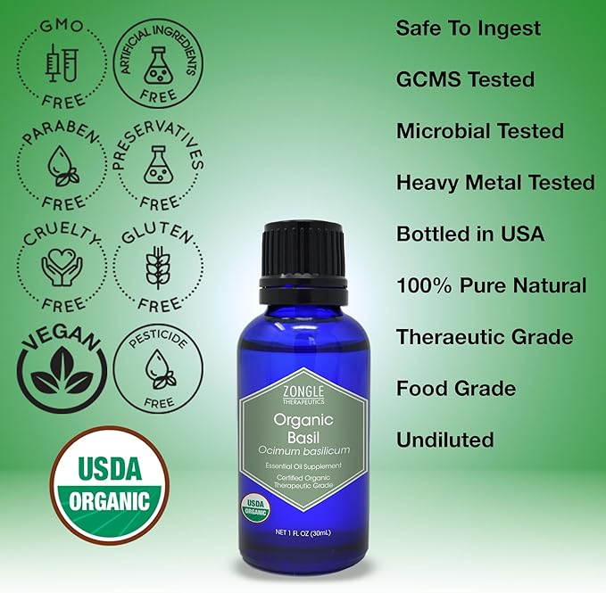 Organic, Basil Essential Oil, Food Grade – 100% Pure, Basil Oil, by Zongle Therapeutics, 1 OZ