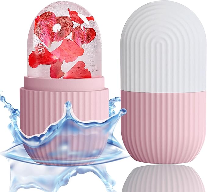 XHJRI Ice Face Roller Massager,Ice Cube Roller for Face, Eyes and Neck Naturally Conditioning and Skin Care,De-Puff Eye Bags,Reduce Migraine Pain,Reusable Massage Silicone Ice Mold (Pink White)