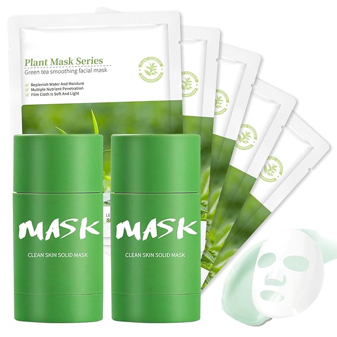 5PCS Green Tea Face Sheet Masks Set, 2PCS Oil Control Long Lasting Moisturizing Blackhead Remover Facial Mask Clay Stick, Deep Pore Cleansing Face Mask Skin Care for All Skin Types（7PCS）