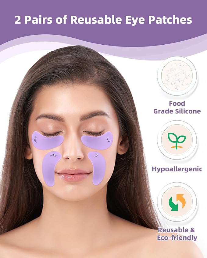 2 Pairs Reusable Under Eye Wrinkle Patches Silicone Mask, Plump Fine Lines & Wrinkles, with Metal Eye Cream Applicator, Tin Case, Purple