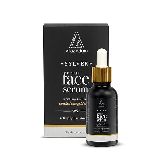 AIJAZ ASLAM Sylver Night Face Serum – 30ml (1.01 fl Oz) – Enhanced with Silver Flakes & Gold Extracts - Anti-Aging - Maintains Healthy Skin – Deeply Nourishes – Best for all Skin Types