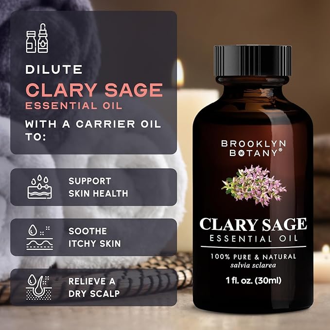 Brooklyn Botany Clary Sage Essential Oil – 100% Pure and Natural – Premium Grade Oil with Dropper - for Aromatherapy and Diffuser - 1 Fl Oz