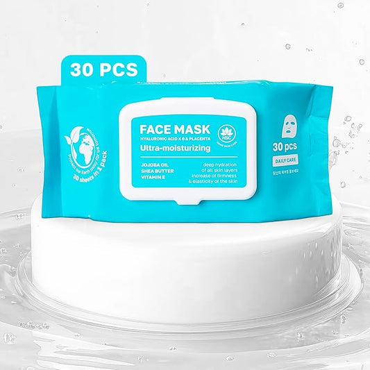 NSC Korean Moisturizing Face Masks with Hyaluronic Acid - 30-Pack Premium Hydrating Sheet Mask Set - Advanced K-Beauty with Shea Butter and Jojoba Oil - Skincare Monthly Supply for All Skin Types