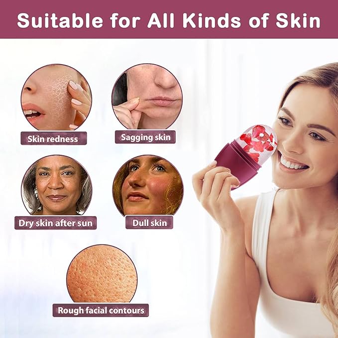 XHJRI Ice Face Roller Massager,Ice Cube Roller for Face, Eyes and Neck Naturally Conditioning and Skin Care,De-Puff Eye Bags,Reduce Migraine Pain,Reusable Massage Silicone Ice Mold (Upgrade Rose)