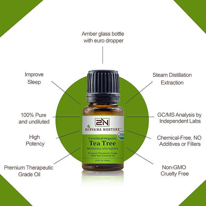 Tea Tree Essential Oil USDA Certified Organic 100% Pure Premium Therapeutic Grade, Undiluted - Aromatherapy Diffuser for Calm and Relaxation, Skin Care, Hair Care