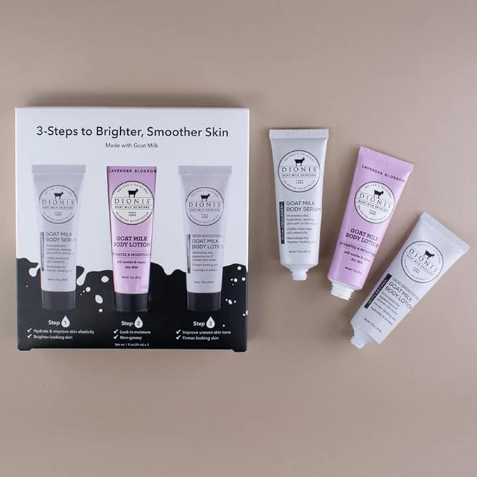 Dionis Goat Milk Skincare Body Care Set - Lavender Blossom Lotion, Body Lotion W/Retinol, Body Serum W/Collagen, Deep Hydration and Younger Skin