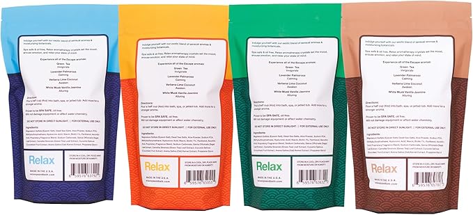 Relax Spa & Bath, Epsom & Dead Sea Salts, Aromatherapy Bath Salts for Hot Tub, Bath, or Spa, Infused with Magnesium, 4 Pack, Escape Therapy