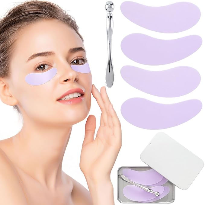 Joez Wonderful Under Eye Patches 2 Pairs, Silicone Reusable Eye Patches, Under Eye Mask for Skin Care Effect to Reduce Wrinkles & Fine Lines, with Metal Eye Cream Applicator, Tin Case (Purple)