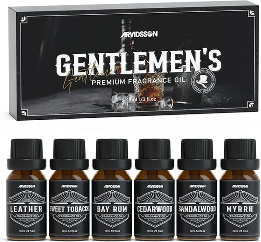 Essential Oils for Men, ARVIDSSON Masculine Essential Oils, Manly Fragrance Oils for Diffuser, Sandalwood, Cedarwood, Leather, Sweet Tobacco, Bay Rum, Myrrh, Gift for Men