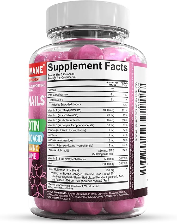 Clean Nutraceuticals Biotin Collagen Keratin Gummies | Hair Skin and Nails Vitamins for Women | Hyaluronic Acid Bamboo Vitamin A C D3 E Folate With Saw Palmetto Silica B3 B12 Vegan Gummy