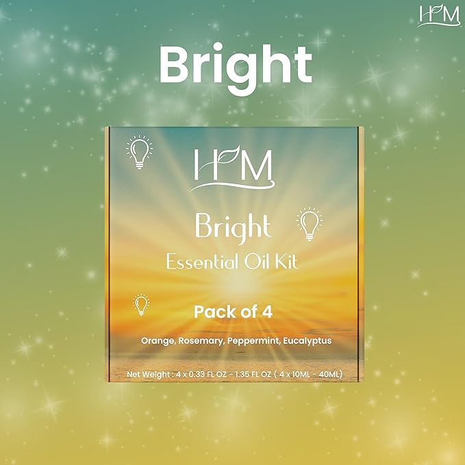 HM Bright Essential Oil Kit – 4 Pack | Gift Set | Orange, Rosemary, Peppermint, Eucalyptus | Energizing Aromatherapy for Focus, Clarity, and Uplifted Mood – 1.35 FL OZ Each