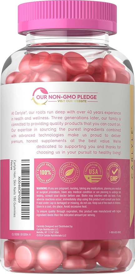 Carlyle Hair, Skin and Nails Gummies | 180 Count | Fruit Flavor Gummy Vitamins | with Biotin | Non-GMO, Gluten Free