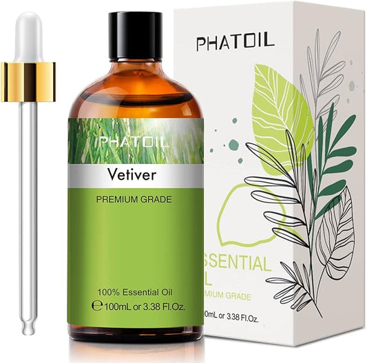 Vetiver 3.38fl.oz Essential Oil, PHATOIL Pure Aromatherapy Oils for Diffuser, Humidifier, Perfect for DIY Soap, Candle, Bath Bombs Making(100ml)