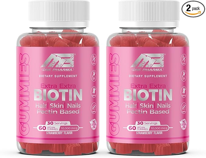 MB One Biotin Gummies-High Potency-Healthy Hair, Skin and Nails Strengthening, Vitamin B7, (10000 Mcg) Non-GMO, Pectin Plant Based, for Kids and Adult, Strawberry Natural Flavor 2 Pack