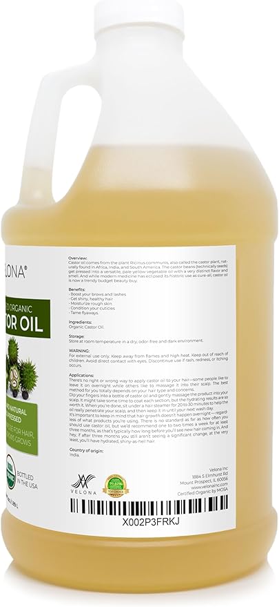velona USDA Certified Organic Castor Oil - 64 fl oz | For Hair, Boost Eyelashes, Eyebrows | Cold pressed, Natural Oil, USP Grade | Hexane Free