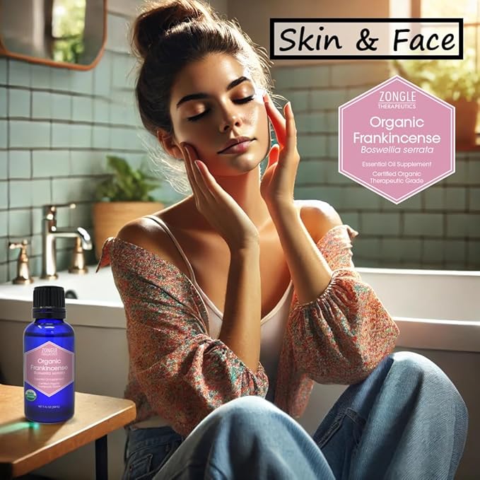 Organic, Frankincense Essential Oil, Food Grade, for Face, Pain Relief – 100% Pure, Frankincense, Resin, Oil, Boswellia Serrata, Edible, by Zongle Therapeutics, 1 OZ