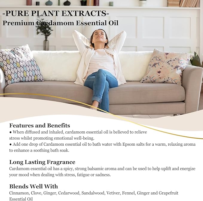 Cardamon Essential Oil 118 ml Large Bottle Premium Cardamon Oil with Glass Dropper, Great for Diffusers, Candle & Soap Making-4oz