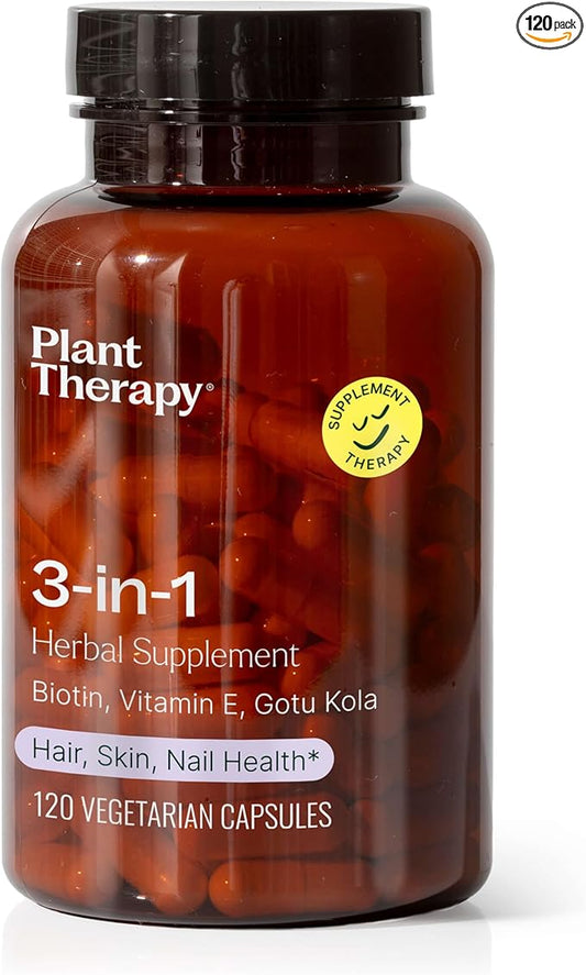 Plant Therapy 3-in-1 Herbal Supplement Capsules, Radiant Skin, Hair Growth, Strong Nails, Potent 3,500 mcg of Biotin, 120 Vegetarian Capsules (4 Month Supply), Made in The USA