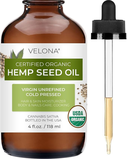 velona Hemp Seed Oil USDA Certified Organic - 4 Fl Oz | 100% Pure and Natural Carrier Oil | Unrefined, Cold Pressed | Hair, Body, Face & Skin Care