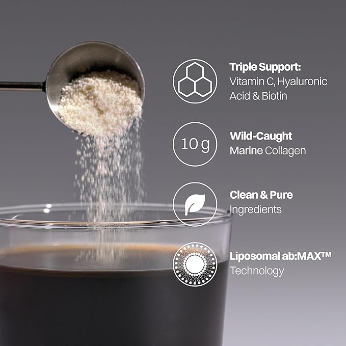 Advanced Marine Collagen Powder Plus Liposomal Vitamin C, Hyaluronic Acid & Biotin, Sugar-Free Type I Collagen Supplement for Skin, Hair, Nails, Joint & Gut Health - 30 Servings, Unflavored