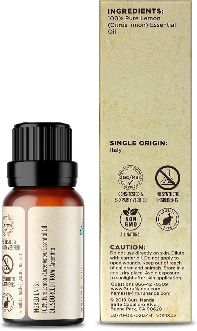 GuruNanda Lemon Essential Oil - 100% Pure, Natural, Undiluted Aromatherapy Oil for Diffusers, Massage & DIY Recipes - Fresh Citrus Scent (2x0.5 Fl Oz)