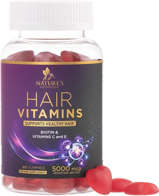 Hair Growth Vitamins Gummy with Biotin 5000mcg - Hair, Skin & Nails Vitamin Supplement for Women & Men, Supports Thicker Hair, Radiant Skin & Stronger Nails with Vitamin E, C & Zinc - 60 Gummies