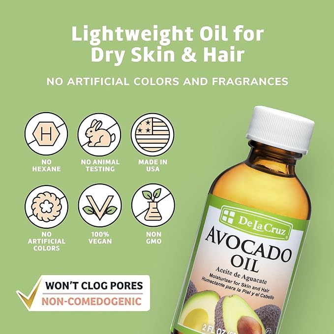 De La Cruz Avocado Oil - Expeller Pressed Pure 100% Avocado Oil for Hair and Body - Lightweight Body Oil for Dry Skin 2 FL. OZ