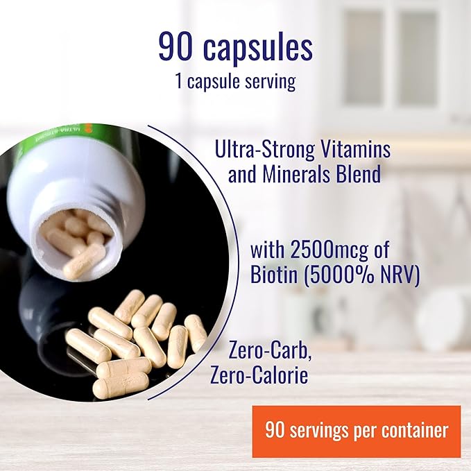 Nutri-Align Hair Defence Biotin Complex for Keto and Fasting | 90 Capsules | High Strength Hair Growth Biotin - 2500mcg Biotin per Capsule | Vitamin A, Folic Acid & Calcium