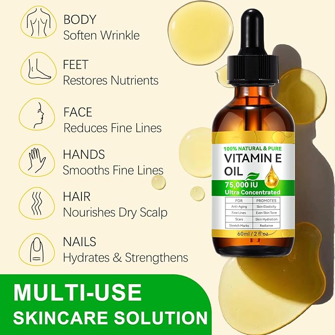 Vitamin E Oil, 75000 IU Ultra Concentrated, 100% Natural Body Oil Moisturizing Dry Skin, Pure Vitamin E Oil for Skin, Scars, Face, Hair, Nails, Hexane-Free, Non-GMO, 2 Fl Oz