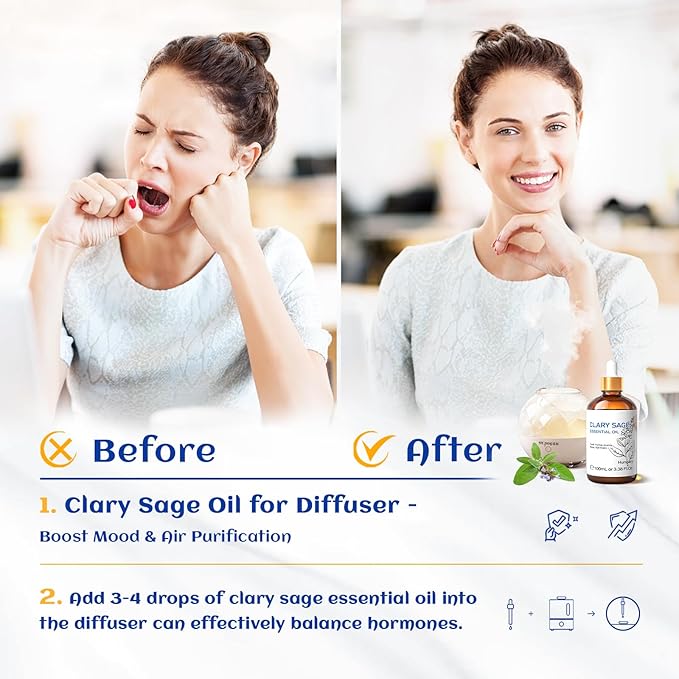 HIQILI Clary Sage Oil Essential, Herbal Sooth Aroma in Diffuse for Anxiety Relief, Meditation, Calming Sleep at Bedtime, Body Massage, Moisturize Skin, DIY Deodorant Spray - 100ML
