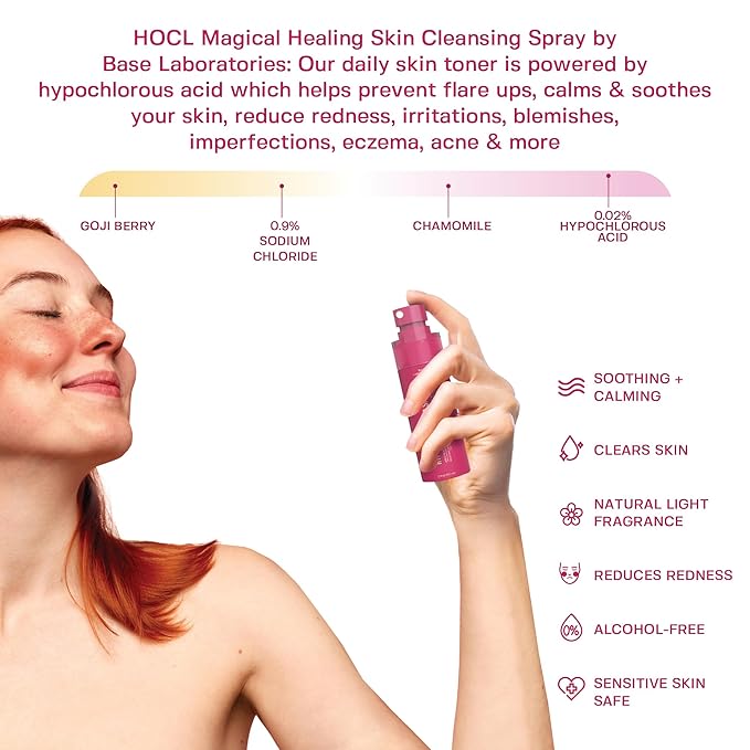 BASE LABORATORIES Hypochlorous Acid Spray for Face & Skin - Travel Size - Magic Facial Toner Spray & Cleaner - Skin Repair Solution helps reduce redness, Irritations, acne - HOCL Molecule Spray 2oz