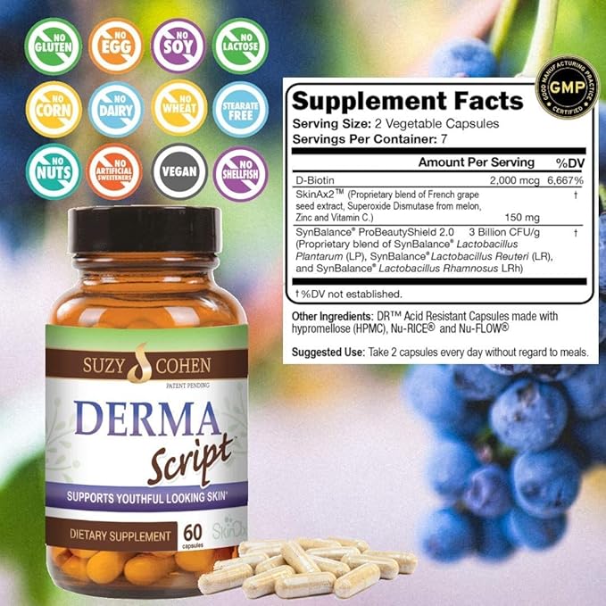 Script Essentials DermaScript Clear Skin Probiotic- Skin Care Routine Supplement - Biotin Face Supplemnt - Fights Acne, Dryness, Irritation and Rashes (60 Capsules)