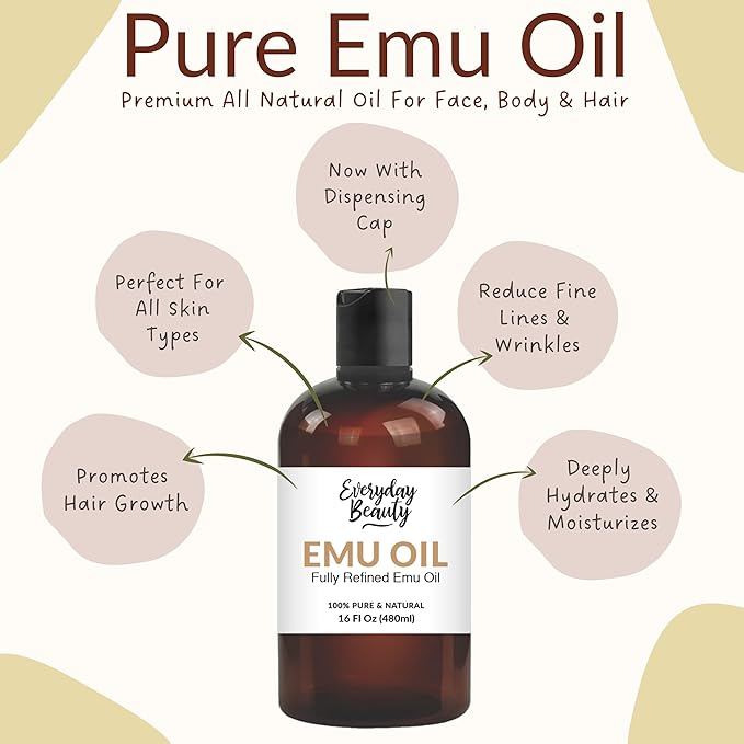 Emu Oil Bulk - 16 oz Pure & All Natural Refined Australian Emu Oil for Face, Skin and Hair - Great for Sensitive Skin and Hair Growth - For Scars and Piercings - High in Omega 3, 6 and 9 Fatty Acids