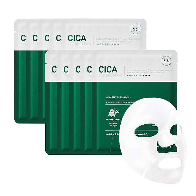 Cica Peptide Mask Cellulose Bamboo Sheet for Soothing Relief Skin Elasticity & Hydration Korean Skincare (10 Pack)