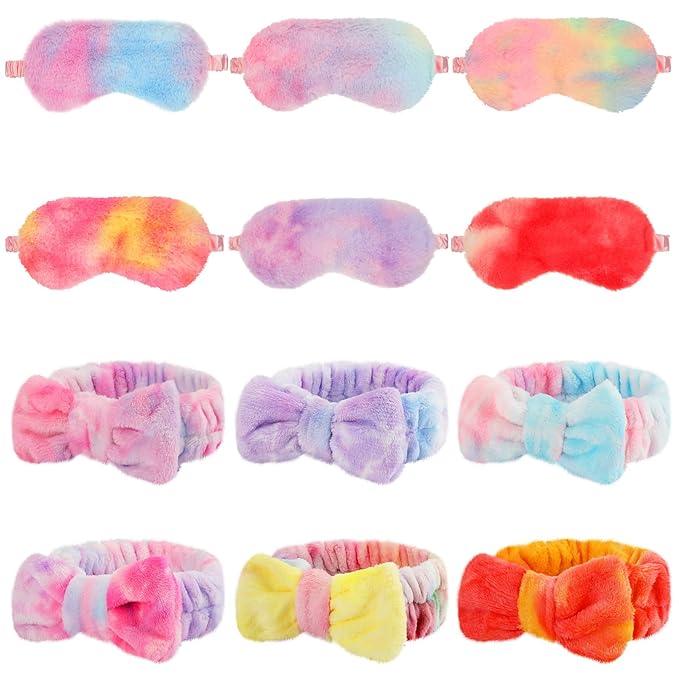 Kajaia 12 Pcs Sleepover Party Favors for Woman Plush Sleep Eye Mask Soft Spa Headband for Spa Birthday Bachelorette Slumber Party Supplies(Tie Dye)