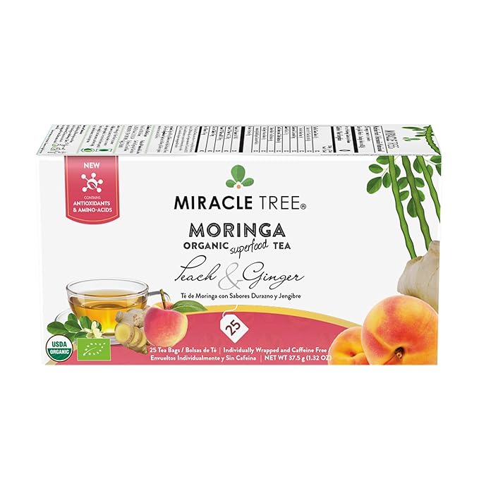 Miracle Tree - Organic Moringa Superfood Tea, 25 Individually Sealed Tea Bags, Peach & Ginger (Keto, Detox, Energy & Immunity Booster, Vegan, Gluten-Free, Organic, Non-GMO, Caffeine-Free)