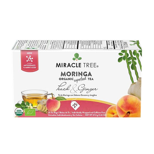 Miracle Tree - Organic Moringa Superfood Tea, 25 Individually Sealed Tea Bags, Peach & Ginger (Keto, Detox, Energy & Immunity Booster, Vegan, Gluten-Free, Organic, Non-GMO, Caffeine-Free)