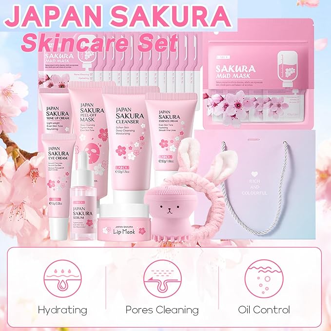 Sakura Skincare Set for Teen Girls 10-12,Skin Care Sets & Kits,33PCS Teenage Girls Gifts,Complete Pamper Face Care Sets for Women,Daily Facial Skincare Routine (One Size, Cherry Blossom-StyleD)