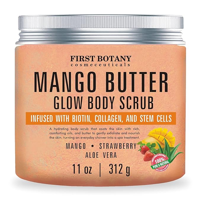 Mango Butter Body Scrub Exfoliator Biotin, Collagen, Stem Cells - Natural Exfoliating Salt Scrub & Body and Face Souffle helps with Moisturizing Skin, Acne, Cellulite, Dead Skin Scars, Wrinkles- 11 oz