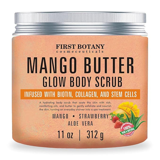 Mango Butter Body Scrub Exfoliator Biotin, Collagen, Stem Cells - Natural Exfoliating Salt Scrub & Body and Face Souffle helps with Moisturizing Skin, Acne, Cellulite, Dead Skin Scars, Wrinkles- 11 oz