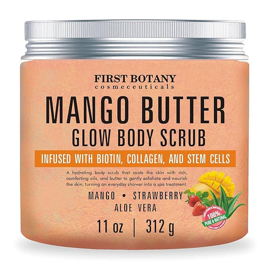 Mango Butter Body Scrub Exfoliator Biotin, Collagen, Stem Cells - Natural Exfoliating Salt Scrub & Body and Face Souffle helps with Moisturizing Skin, Acne, Cellulite, Dead Skin Scars, Wrinkles- 11 oz