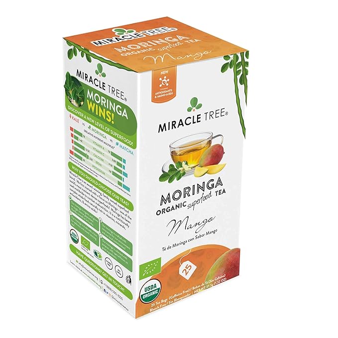 Miracle Tree - 3 Count of Organic Moringa Superfood Tea, 25 Individually Sealed Tea Bags, Mango (Keto, Detox, Energy/Immunity Booster, Vegan, Gluten-Free, Organic, Non-GMO, Caffeine-Free)